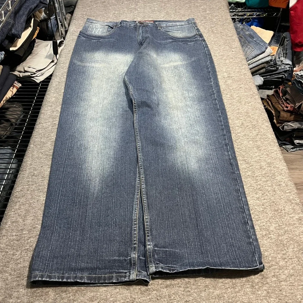 Brooklyn Xpress Mens Baggy Wide Leg Embroidered Jeans Blue 40x34 Y2K Streetwear